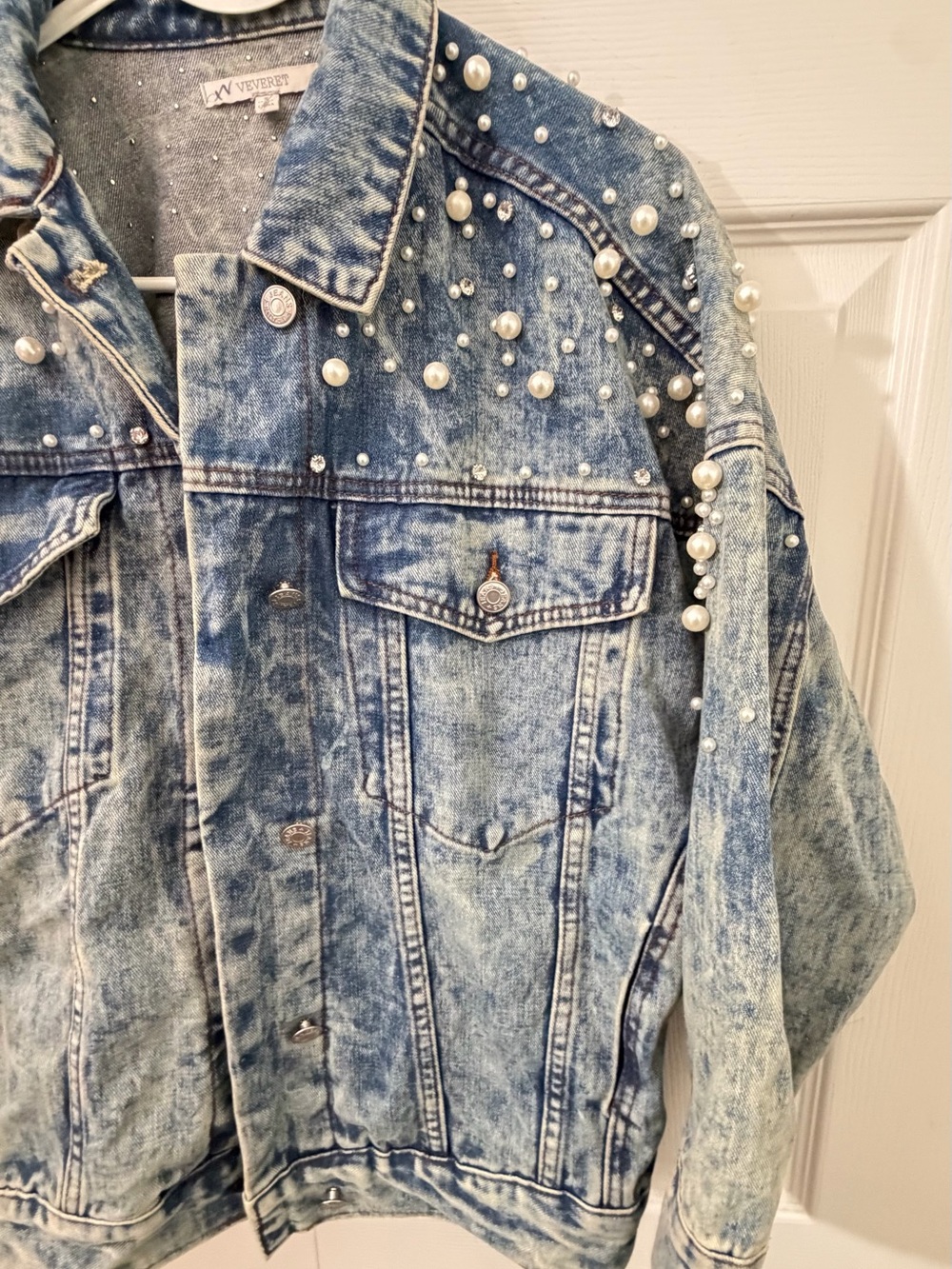 Veveret Pearl Rhinestone Embellished Acid Wash Denim Jacket Small Oversized Glam - Picture 6 of 11
